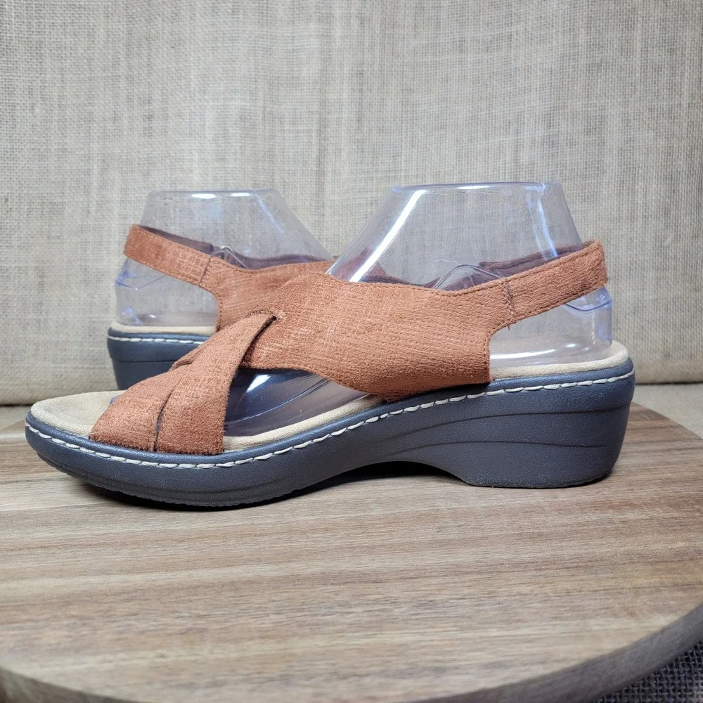 Clarks Merliah Echo Wedge Sandals Rust Brown Textile Straps Women's‎ 9 Comfort